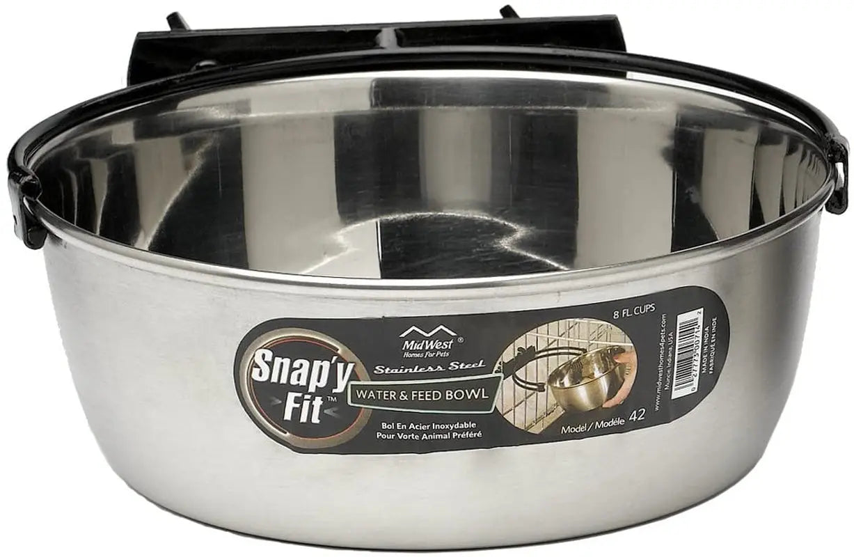 Snap'Y Fit Stainless Steel Food or Water Bowl, Holds 10 Ounces, Mounts to Wire Crates, No-Tip Design, Rust-Resistant, for Small Dogs and Cats