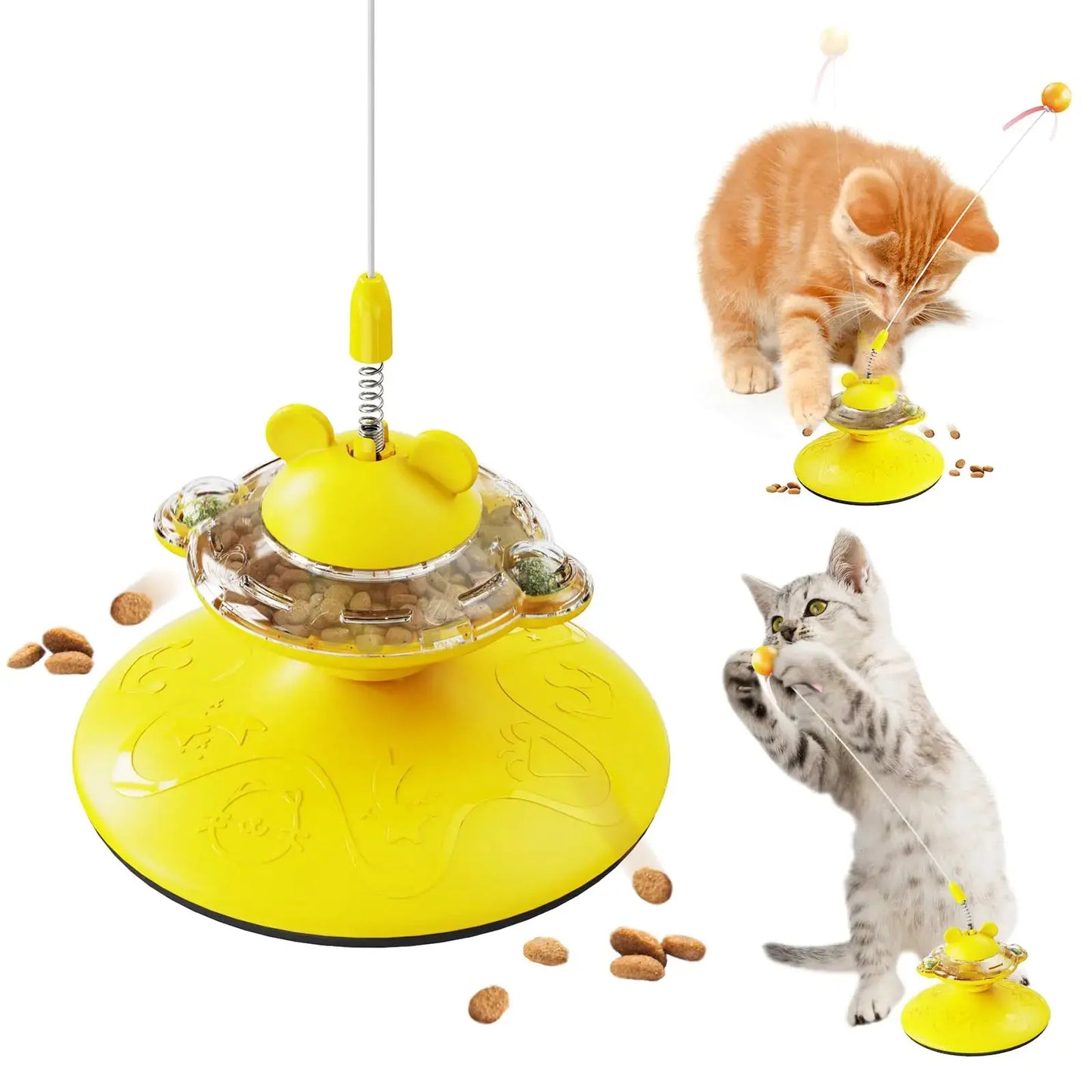 yikinb Cat Interactive Toys for Indoor Cat Treat Puzzle Slow Food Dispenser Kitten Toys Weight Loss Kitty Funny Catnip Balls with Rotating Disk for Bored Indoor Cats (Yellow) Cats And Dogs Supply