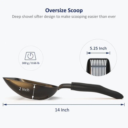 Cat Litter Scoop, Non-Stick Plated Aluminum Alloy Sifter, Kitty Durable Metal Scooper, Deep Shovel, Long Handle, Kitten Pooper Lifter, Size Large, Coated Black Body with Black Handle