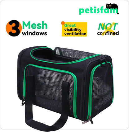 Quick-In Pet Carrier Bag for Cats & Dogs. Airy Mesh Windows Let Fur-Kids See You Reduce Anxiety & Breath Easy. Rip-Stop Fabric & Lockable Zips Hug Securely. Washable Comfy Pad. Collapsible