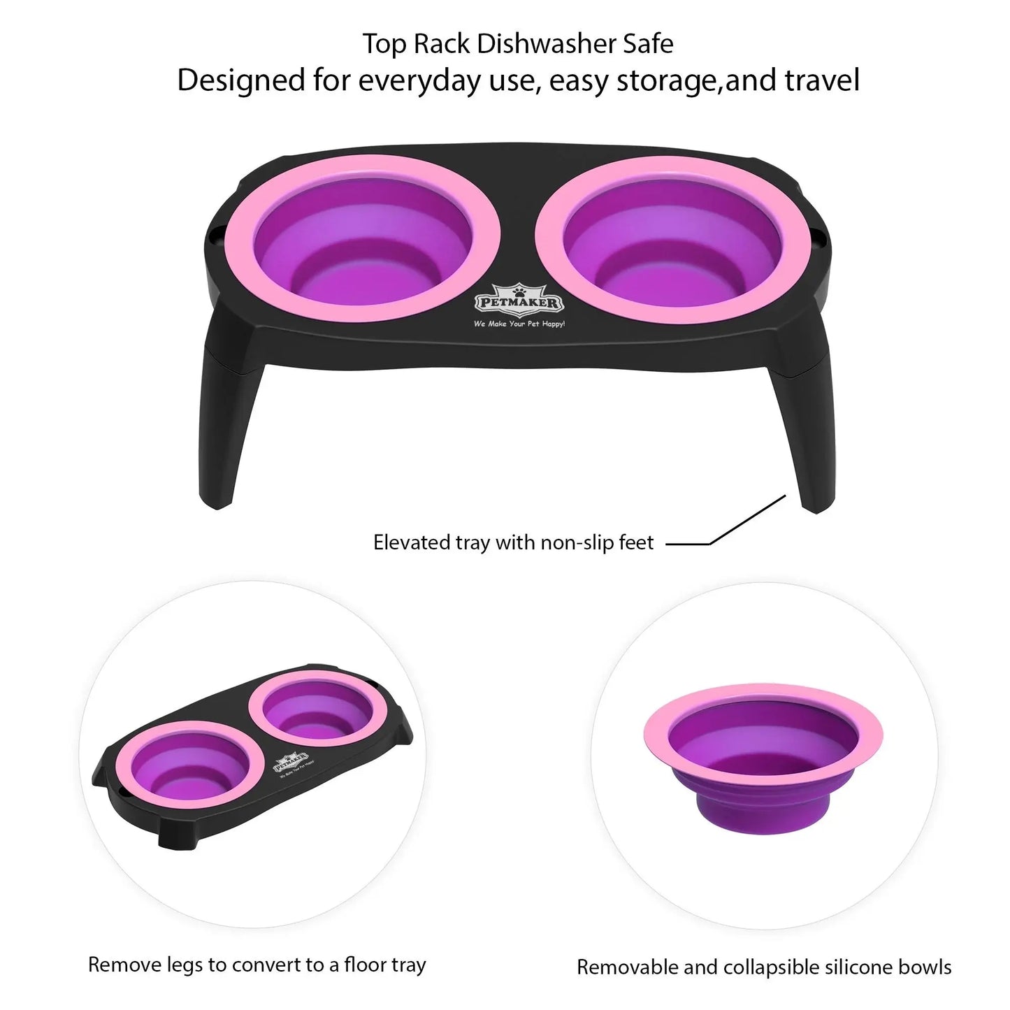 Elevated Pet Food Bowls with Non-Slip Collapsible Stand (Pink)