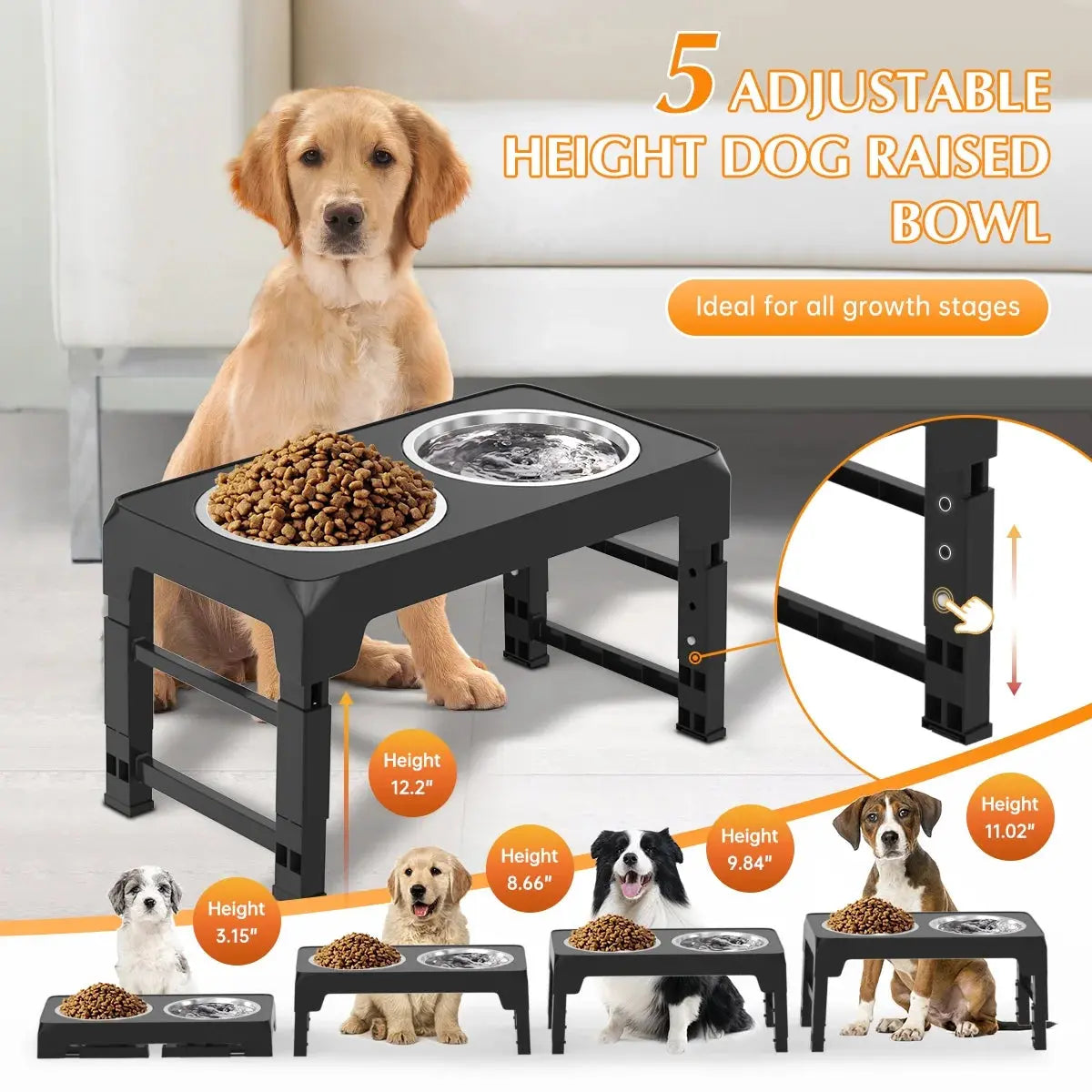 Elevated Dog Bowls, 5 Adjustable Heights Raised Dog Bowl, Dog Bowl Stand with 2 Thick 42Oz Stainless Steel Dog Food Bowls for Small Medium Large Dogs Cats, Black