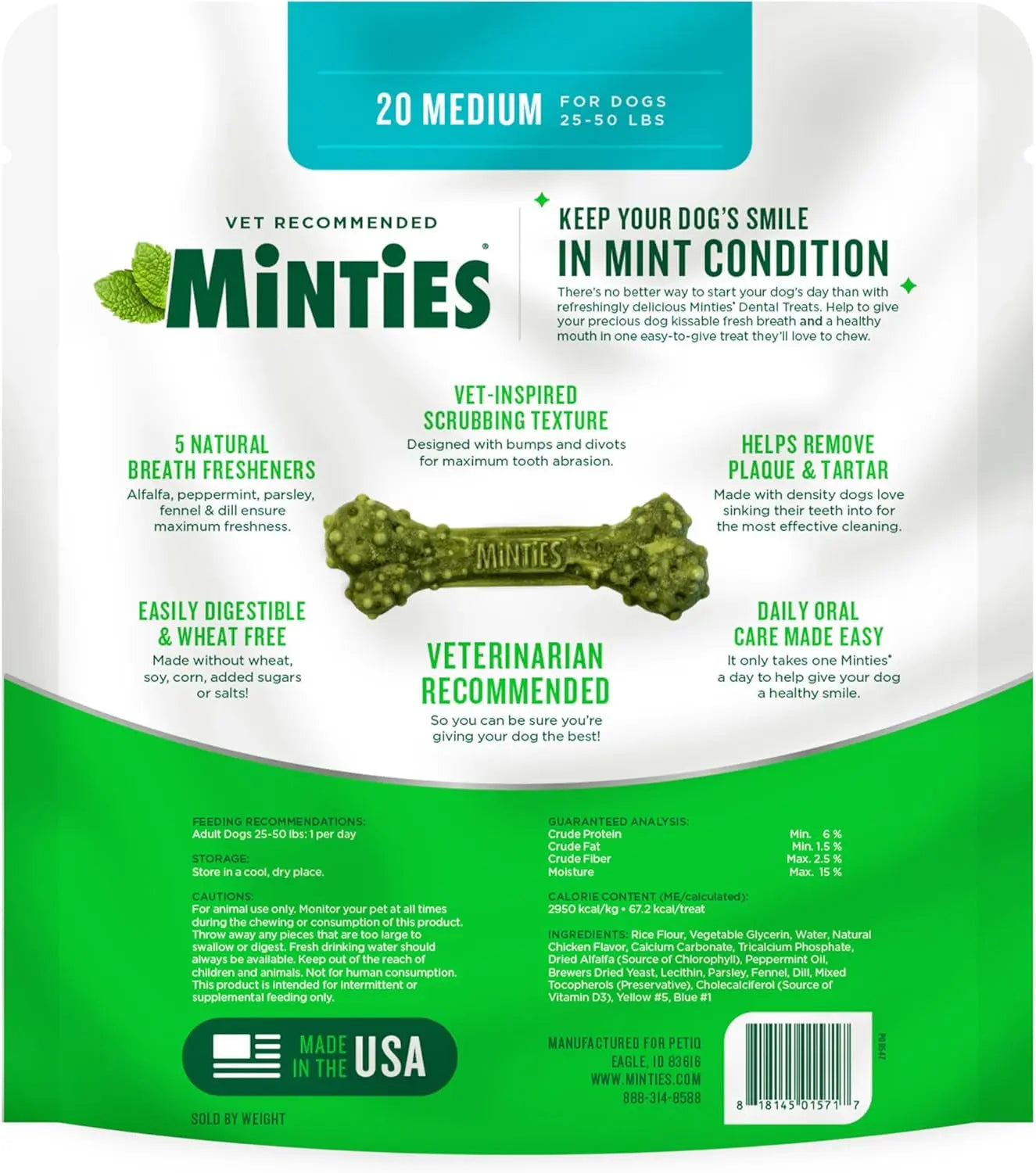 Dental Chews for Dogs, 20 Count, Vet-Recommended Mint-Flavored Treats for Medium Dogs 25-50 Lbs, Dental Bones Clean Teeth, Fight Bad Breath, and Removes Plaque and Tartar