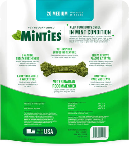 Dental Chews for Dogs, 20 Count, Vet-Recommended Mint-Flavored Treats for Medium Dogs 25-50 Lbs, Dental Bones Clean Teeth, Fight Bad Breath, and Removes Plaque and Tartar