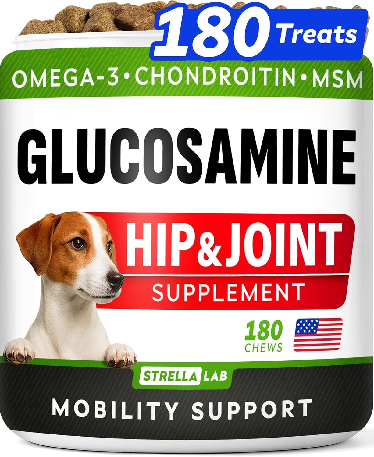 Glucosamine Treats for Dogs - Joint Supplement W/Omega-3 Fish Oil - Chondroitin, MSM - Advanced Mobility Chews - Joint Pain Relief - Hip & Joint Care - Chicken Flavor - 180 Ct - Made in USA