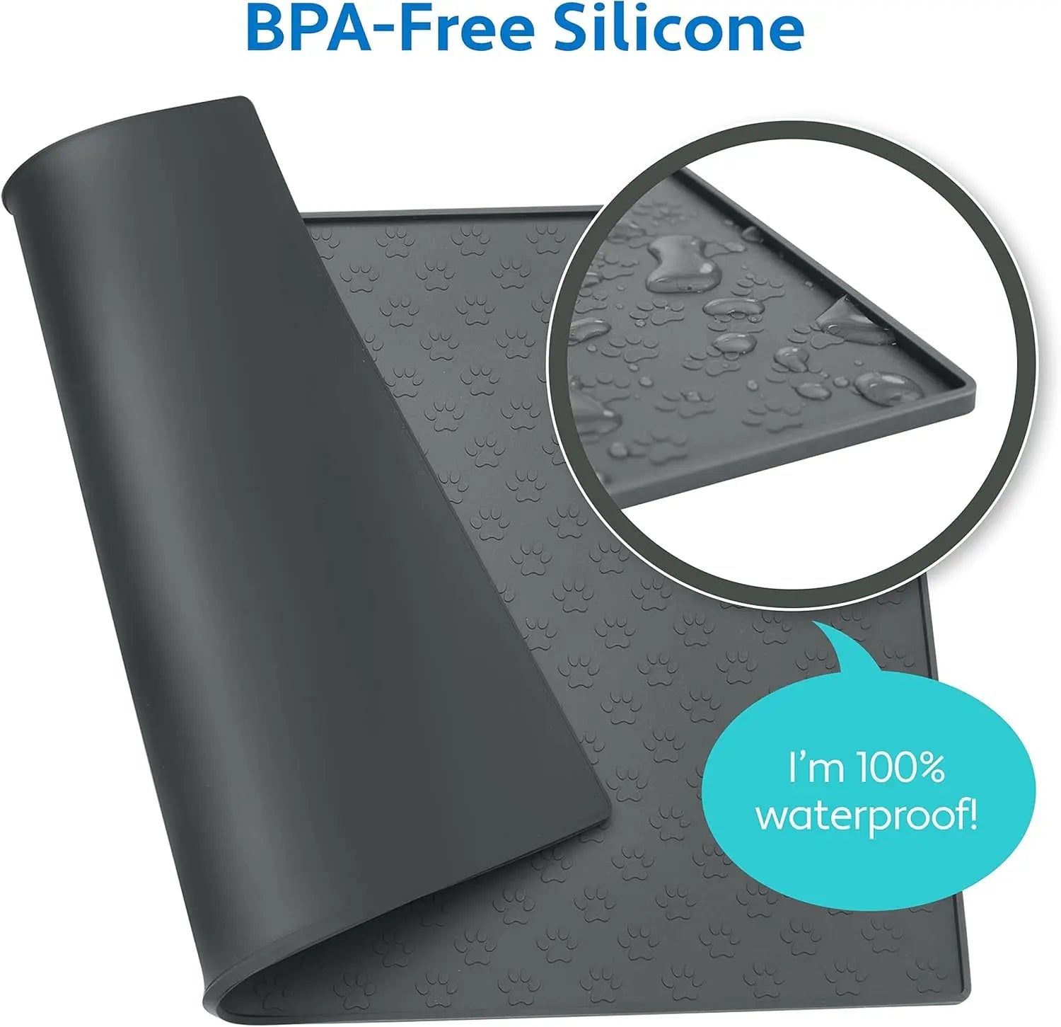 100% Waterproof Dog Food Mat, Raised Edges Silicone Pet Feeding Placemat for Cat, Dogs, Pet Bowls, High Lipped Tray Prevents Water Spills, Food on Floor, Dishwasher Safe, 18X12, Gray