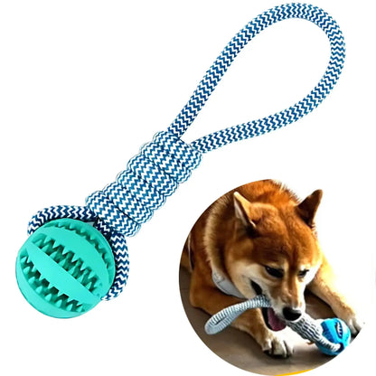 Durable Rubber Rope with Ball Dog Chewing Toys Teeth Cleaning And Treat Dispensing Ball Rope Dogs Interactive Dog Toys For Training Stimulating Entertainment Treat Dispenser Teething Toy (Blue) Cats And Dogs Supply