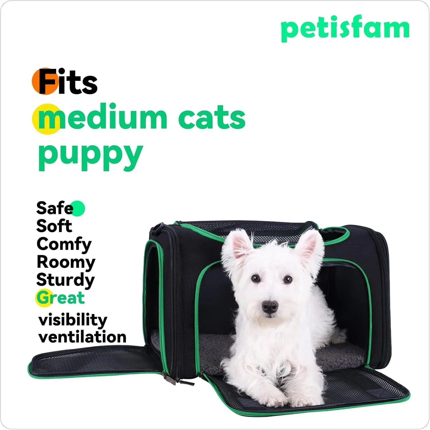 Quick-In Pet Carrier Bag for Cats & Dogs. Airy Mesh Windows Let Fur-Kids See You Reduce Anxiety & Breath Easy. Rip-Stop Fabric & Lockable Zips Hug Securely. Washable Comfy Pad. Collapsible