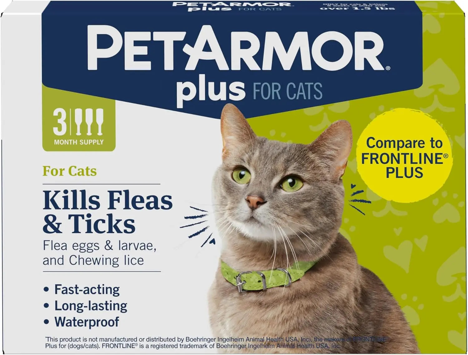 plus Flea and Tick Prevention for Cats, Cat Flea and Tick Treatment, 3 Doses, Waterproof Topical, Fast Acting, Cats over 1.5 Lbs