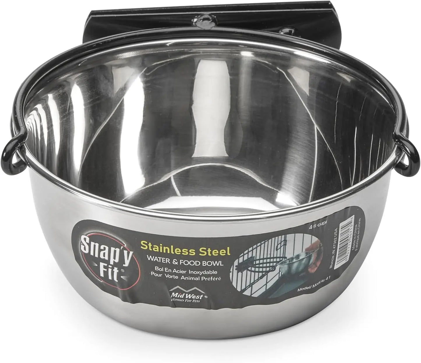 Snap'Y Fit Stainless Steel Food or Water Bowl, Holds 10 Ounces, Mounts to Wire Crates, No-Tip Design, Rust-Resistant, for Small Dogs and Cats