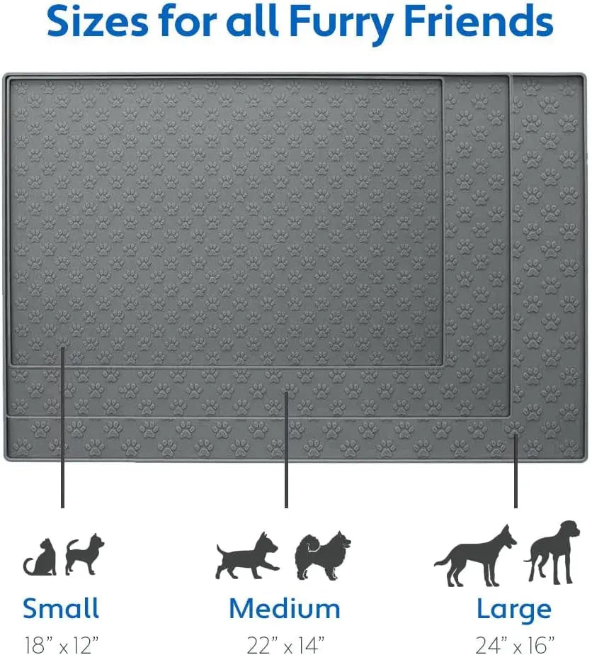 100% Waterproof Dog Food Mat, Raised Edges Silicone Pet Feeding Placemat for Cat, Dogs, Pet Bowls, High Lipped Tray Prevents Water Spills, Food on Floor, Dishwasher Safe, 18X12, Gray