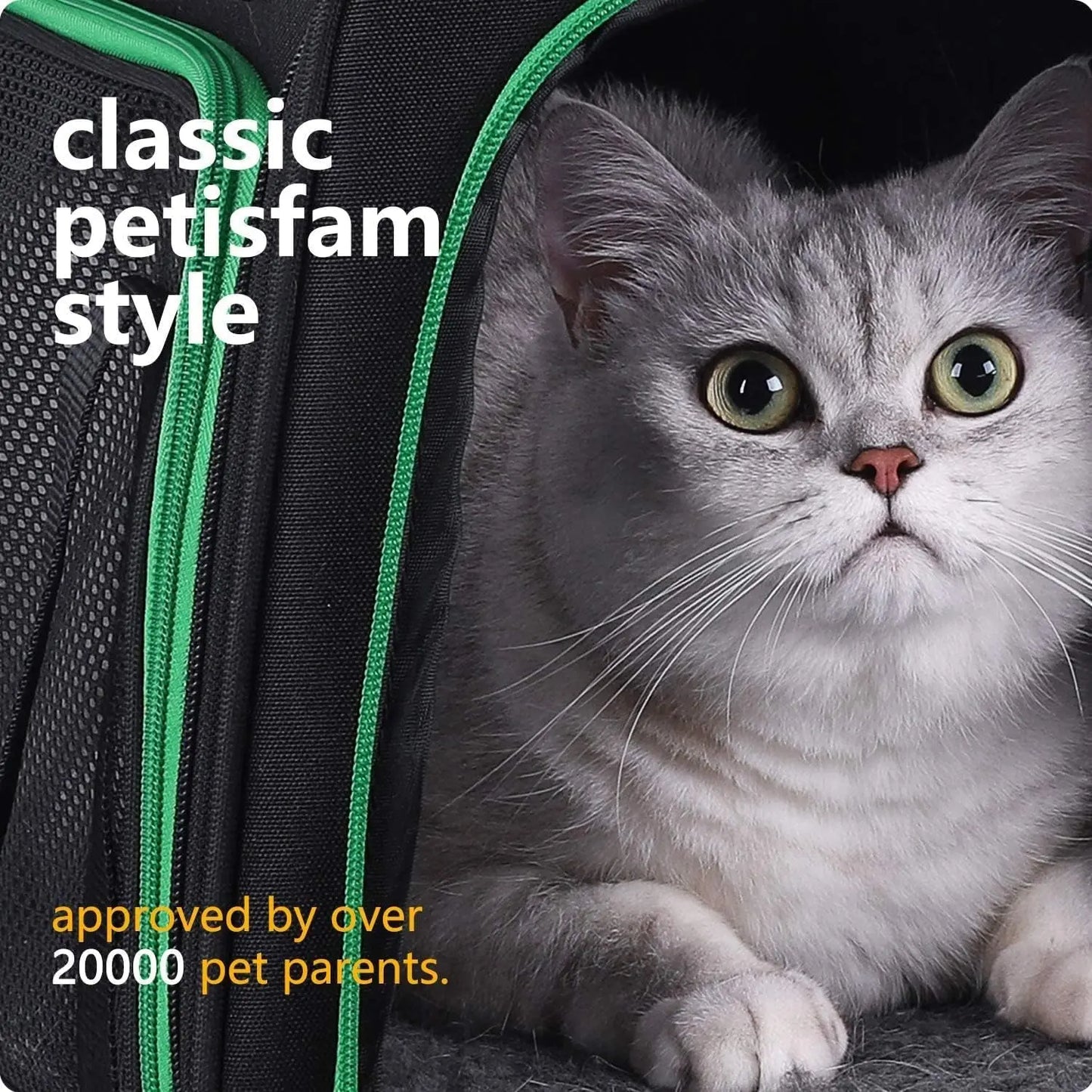 Quick-In Pet Carrier Bag for Cats & Dogs. Airy Mesh Windows Let Fur-Kids See You Reduce Anxiety & Breath Easy. Rip-Stop Fabric & Lockable Zips Hug Securely. Washable Comfy Pad. Collapsible