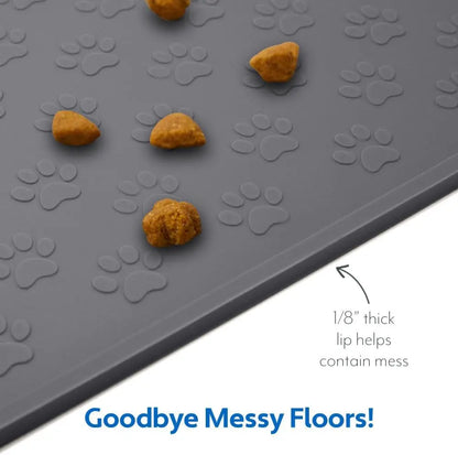 100% Waterproof Dog Food Mat, Raised Edges Silicone Pet Feeding Placemat for Cat, Dogs, Pet Bowls, High Lipped Tray Prevents Water Spills, Food on Floor, Dishwasher Safe, 18X12, Gray