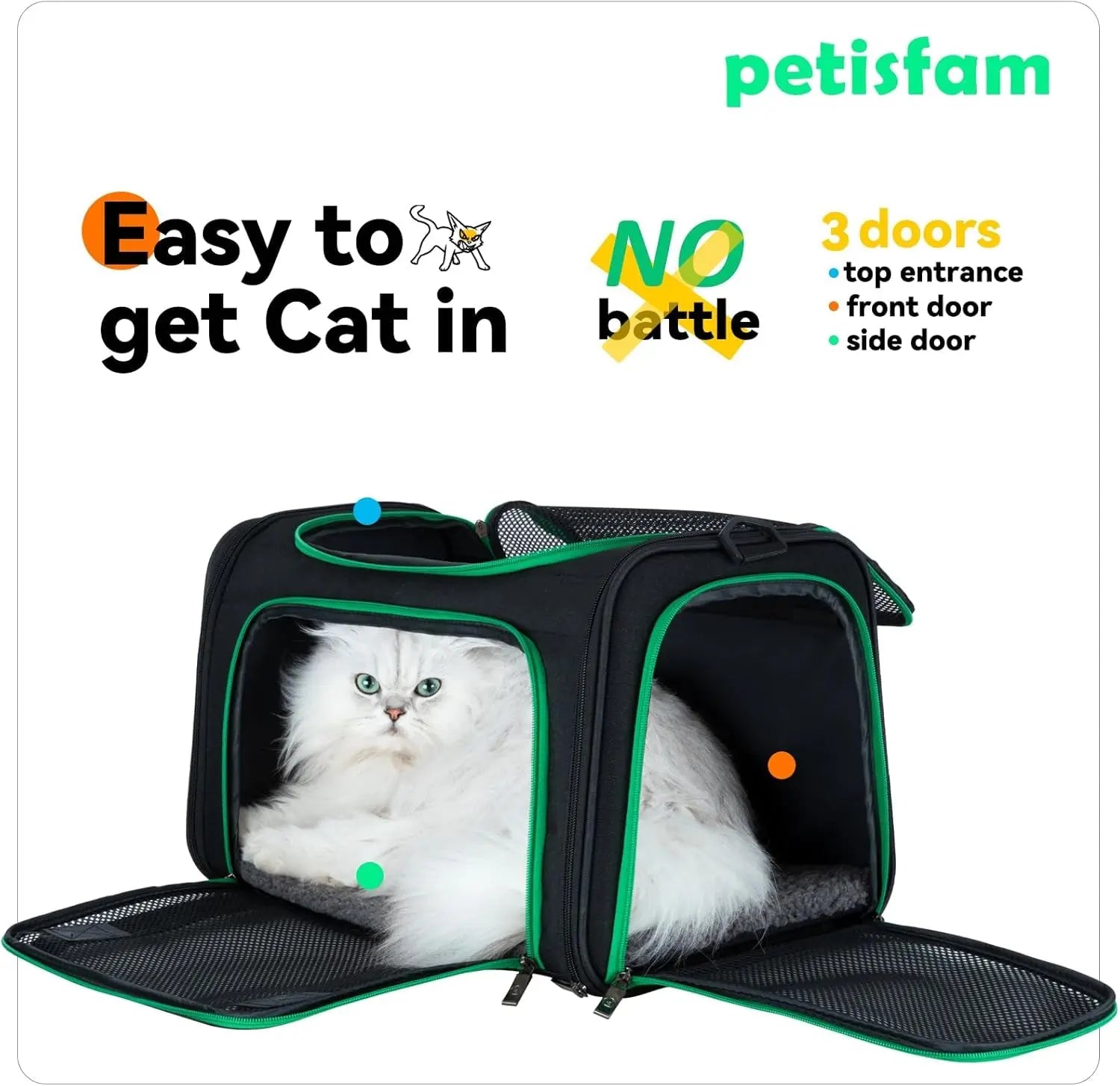 Quick-In Pet Carrier Bag for Cats & Dogs. Airy Mesh Windows Let Fur-Kids See You Reduce Anxiety & Breath Easy. Rip-Stop Fabric & Lockable Zips Hug Securely. Washable Comfy Pad. Collapsible