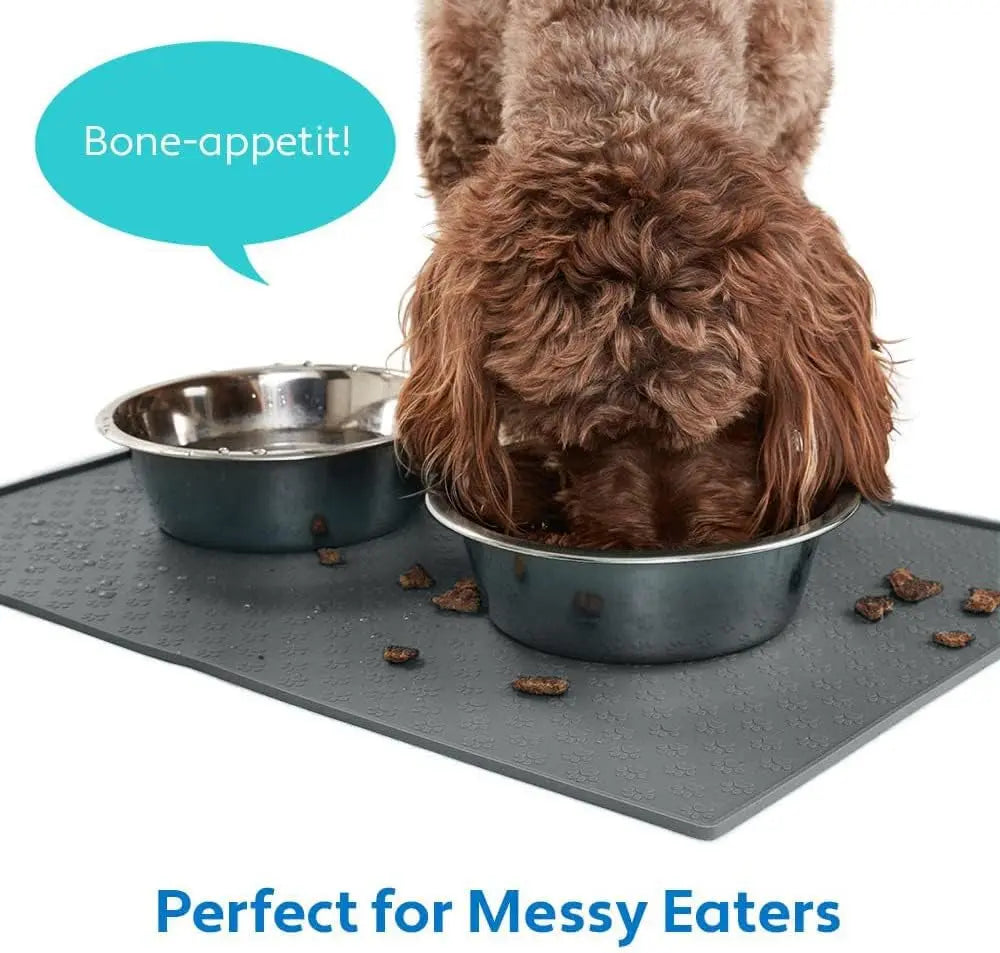 100% Waterproof Dog Food Mat, Raised Edges Silicone Pet Feeding Placemat for Cat, Dogs, Pet Bowls, High Lipped Tray Prevents Water Spills, Food on Floor, Dishwasher Safe, 18X12, Gray