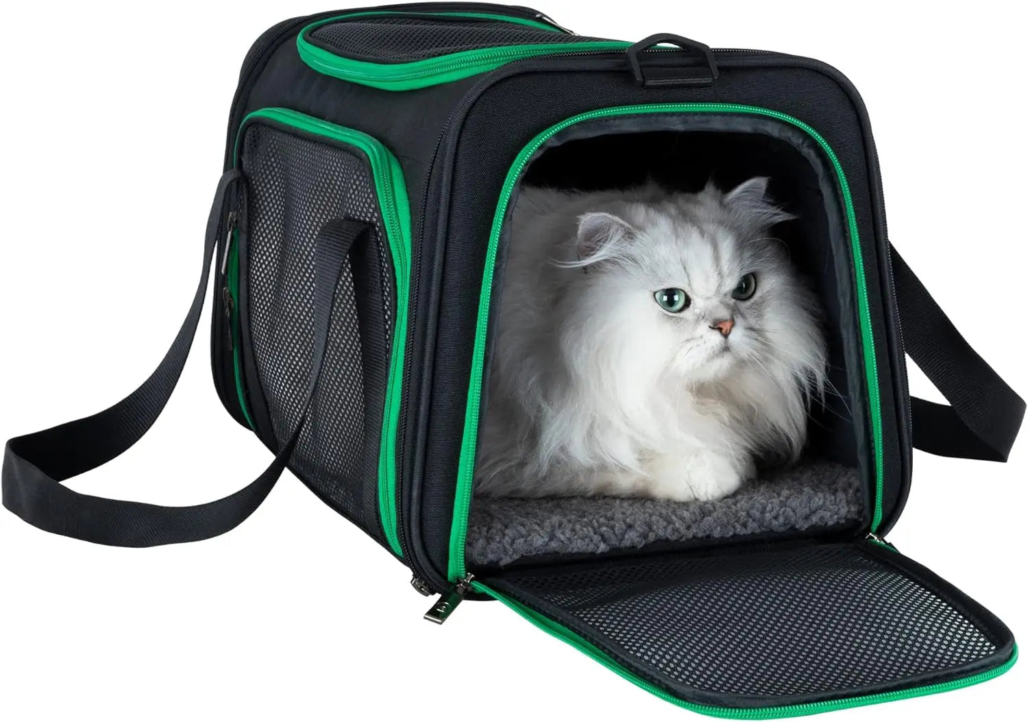 Quick-In Pet Carrier Bag for Cats & Dogs. Airy Mesh Windows Let Fur-Kids See You Reduce Anxiety & Breath Easy. Rip-Stop Fabric & Lockable Zips Hug Securely. Washable Comfy Pad. Collapsible